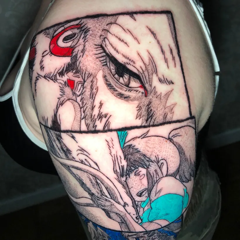 Tatuaje de viñetas manga de La Princesa Mononoke en el hombro, hecho en ESAP Madrid